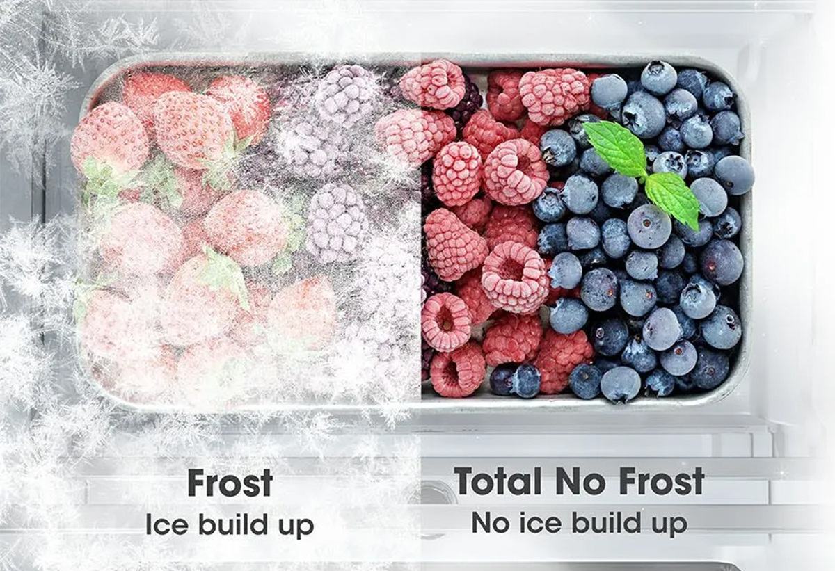 Απεικονίζονται φρούτα όταν διατηρούνται με ή χωρίς λειτουργία Total No Frost.